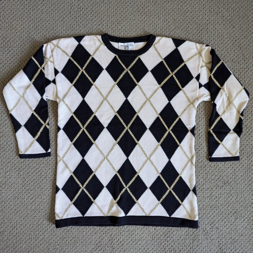 Vintage Argyle Sweater by Anne Klein Knitwear – Black - Cream -Gold, size M